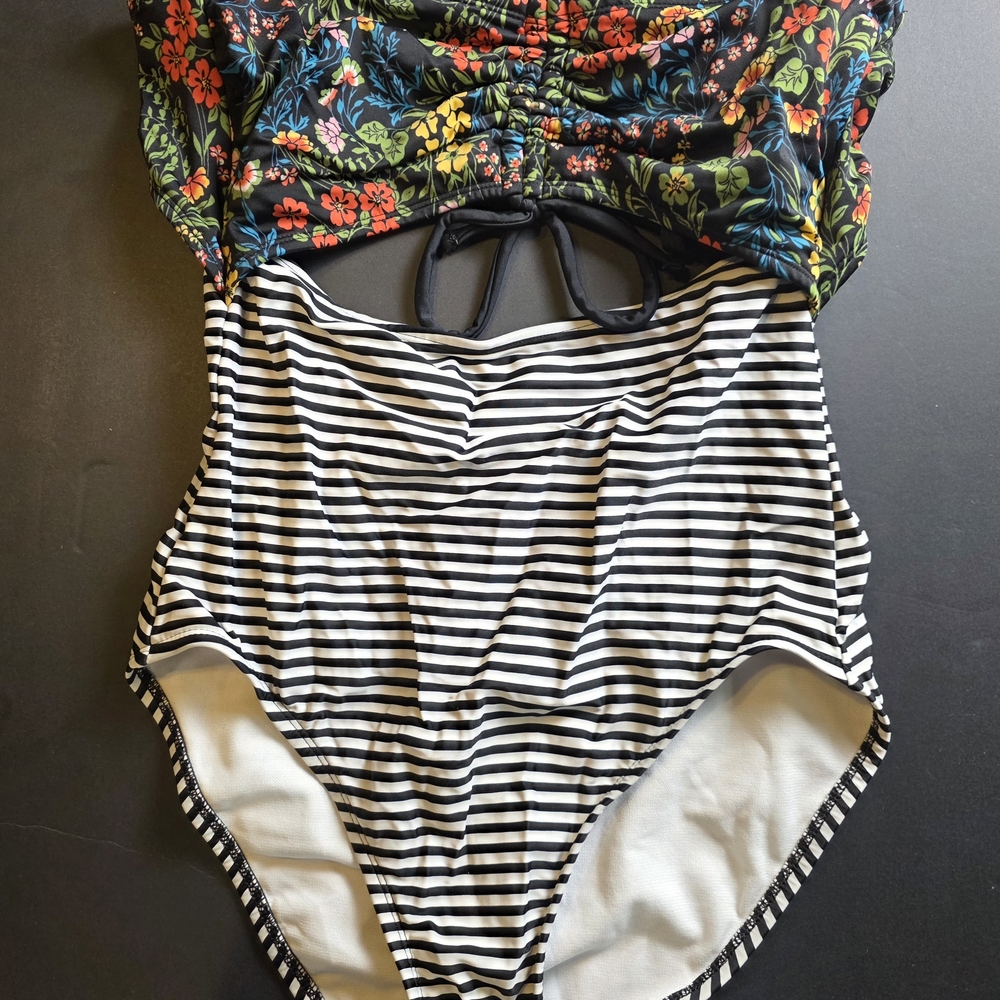 Striped Black & White Kids One-Piece Swimsuit with Floral Accent